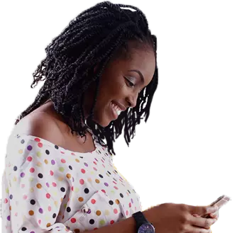 A young woman using the Paga mobile app