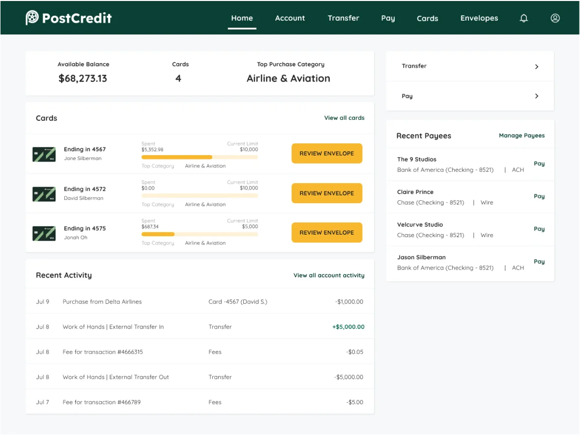 Screenshot of post-credit webapp user dashboard