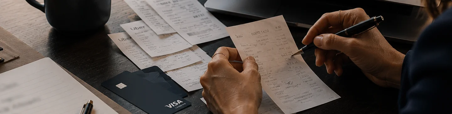 Reviewing expense receipts and a payment card