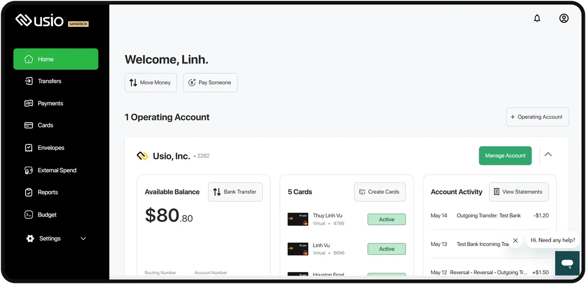 Screenshot of Usio web platform