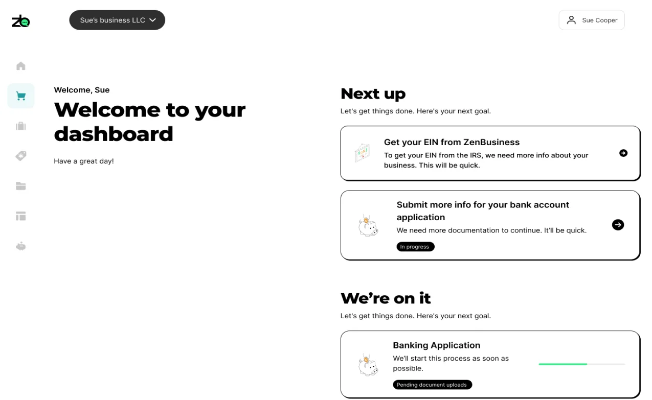 Screenshot of ZenBusines webapp user dashboard